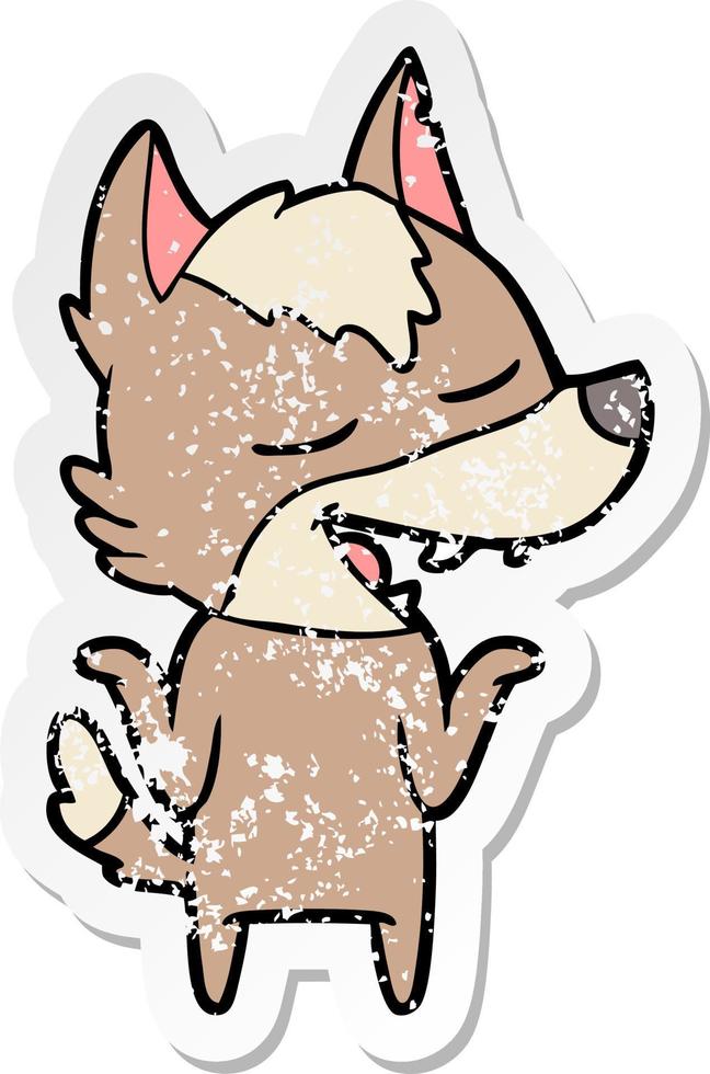 verontruste sticker van een lachende cartoonwolf vector