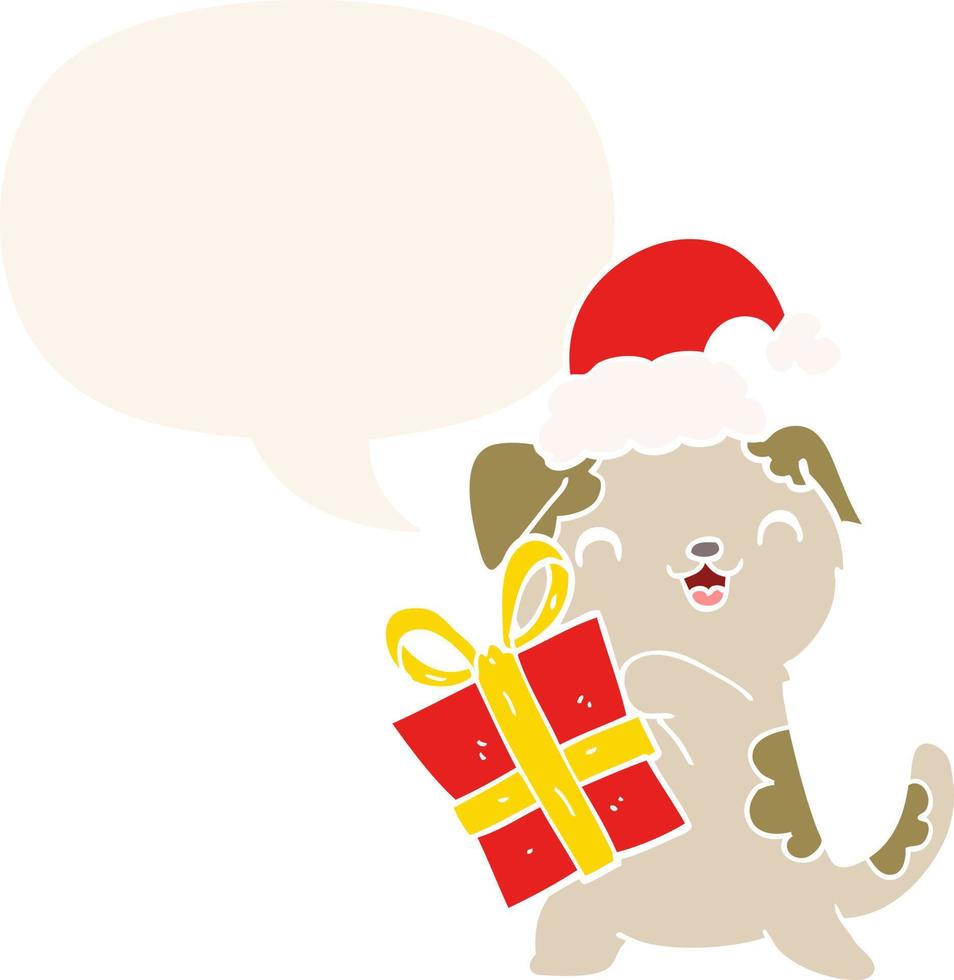 schattige cartoon puppy en kerstcadeau en hoed en tekstballon in retro stijl vector