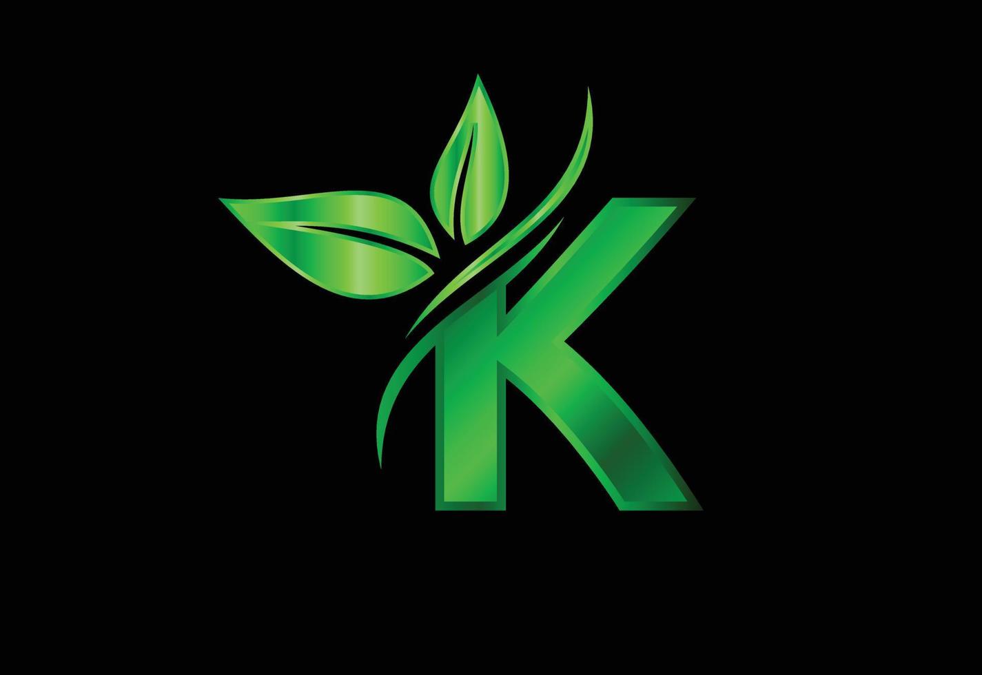 aanvankelijk k-monogramalfabet met twee bladeren. groen milieuvriendelijk logo concept. logo voor ecologische vector