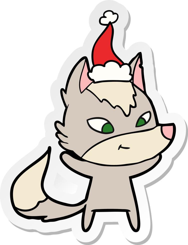vriendelijke sticker cartoon van een wolf met een kerstmuts vector