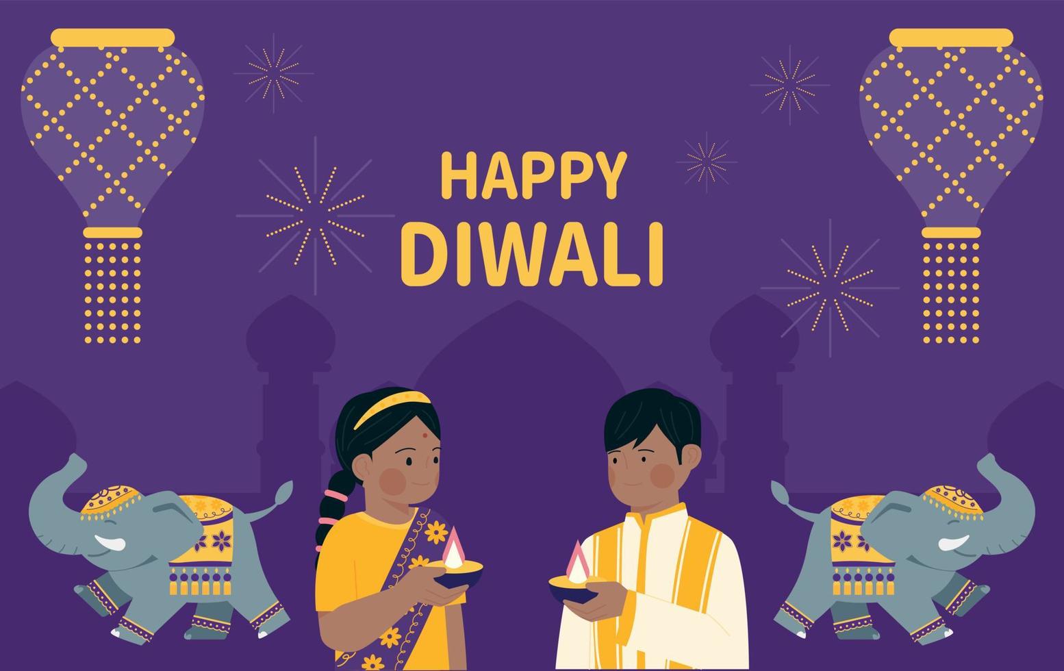 schattige kinderen in traditionele Indiase kostuums houden olielampen in hun handen. diwali poster versierd met lantaarns en olifanten. vector