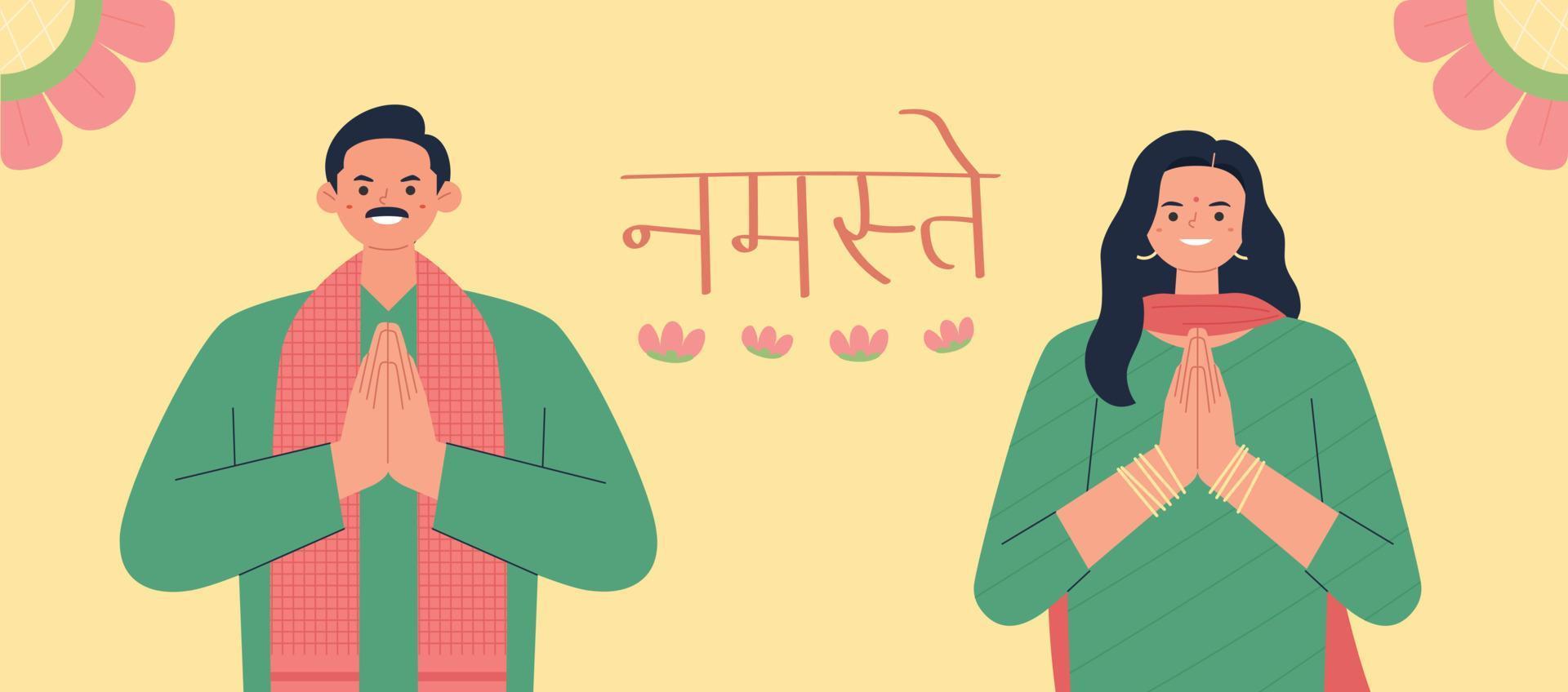 een man en een vrouw in traditionele Indiase kleding houden elkaars hand vast en zeggen hallo tegen India. vector