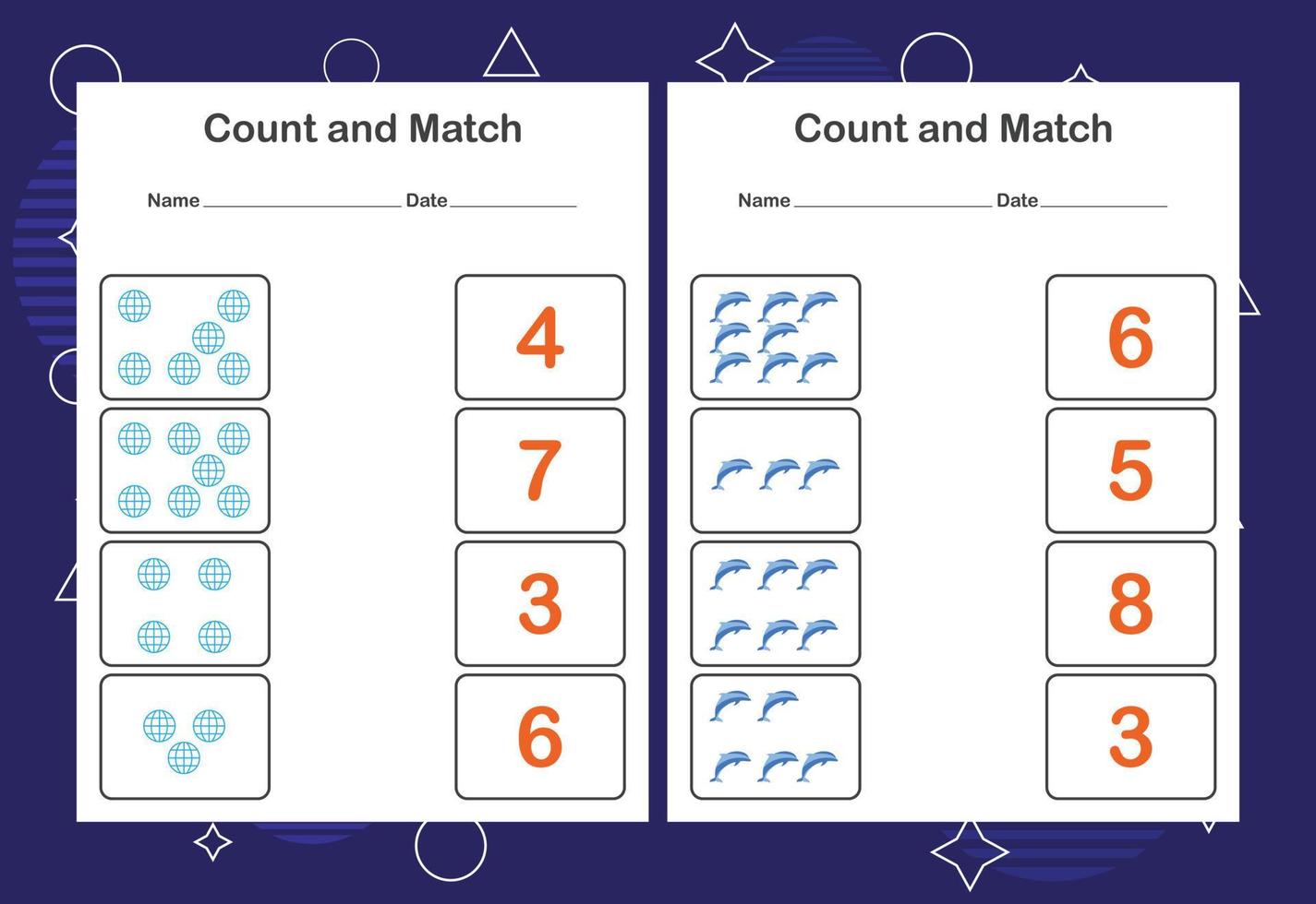 tel en match werkblad voor kinderen. tellen en matchen met het juiste nummer. passend onderwijsspel. vector