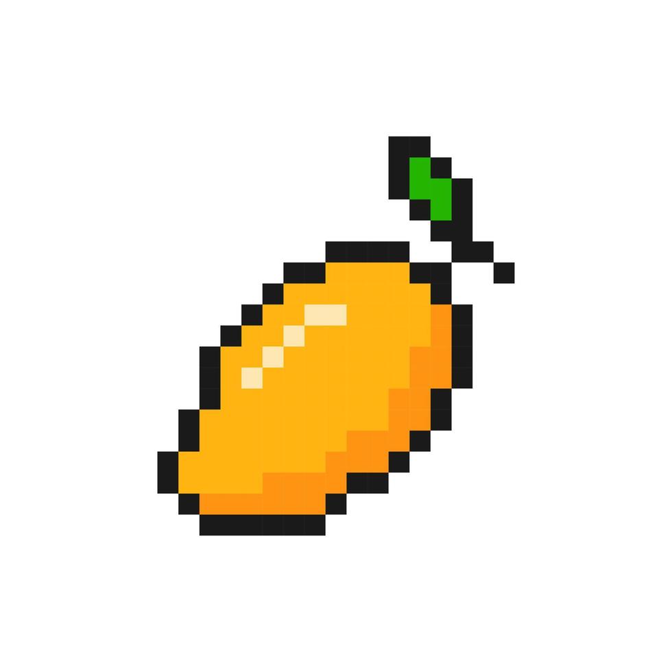 gele pixelmango. rijp zoet fruit met groen blad tropisch oranje dessert met exotische smaak voor 8bit vector game design