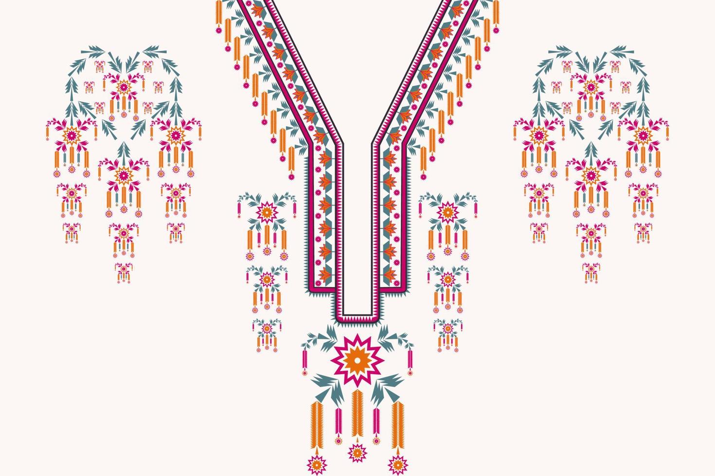 kleurrijk etnisch geometrisch v-halspatroon met bloemvormontwerp. mooie tribale kunst vrouwelijke shirts stijl. vector