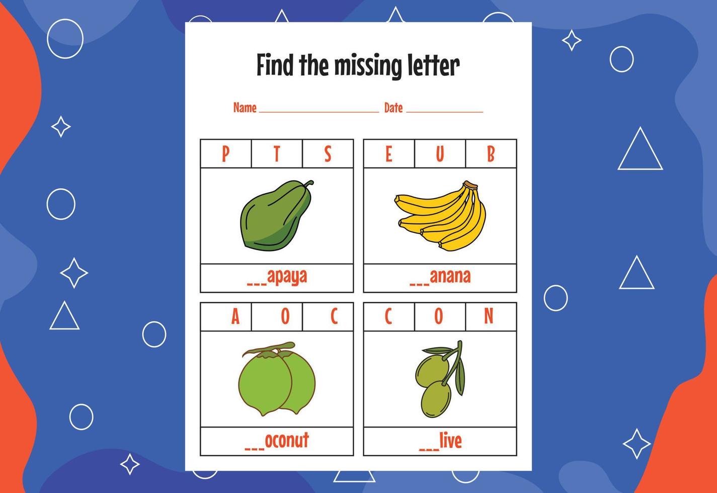 zoek de ontbrekende letter. onderwijs spelling werkbladen voor kinderen. activiteitenpagina vector