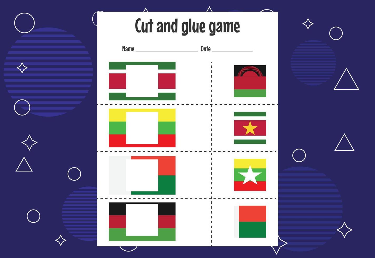 knip- en lijmspel voor kinderen met landvlag. knipoefening voor kleuters. educatief papierspel voor kinderen vector