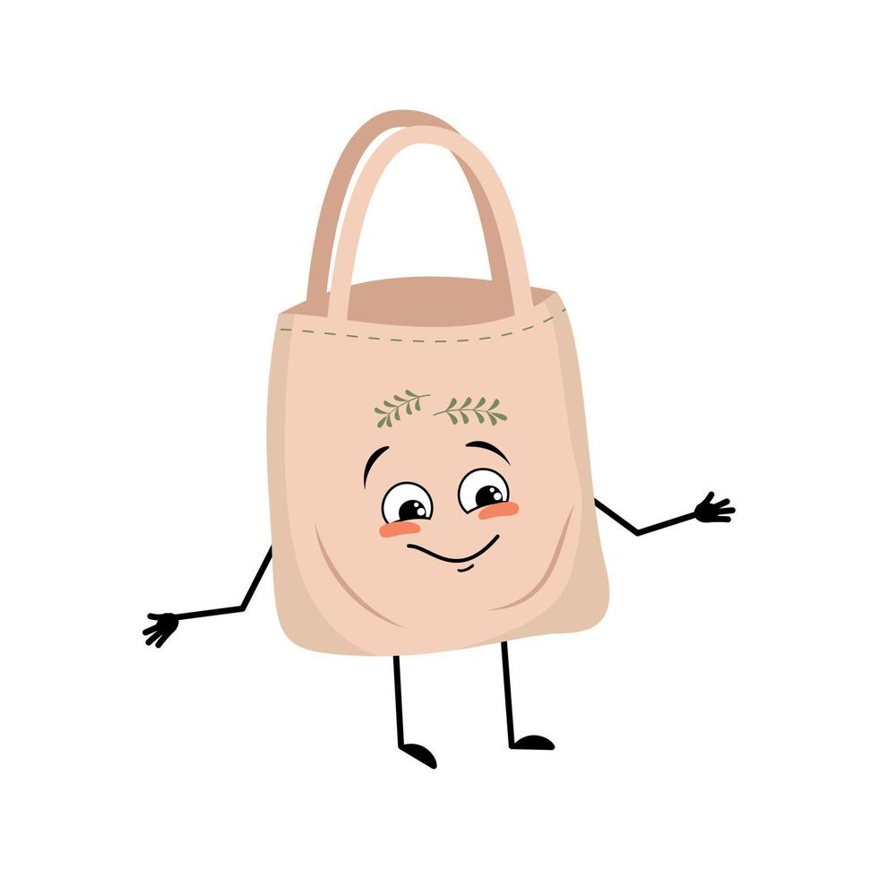 schattige karakter stoffen tas met vrolijke emoties, vrolijk gezicht, glimlach ogen, armen en benen. shopper met grappig gezicht, ecologisch alternatief voor plastic zak. platte vectorillustratie vector