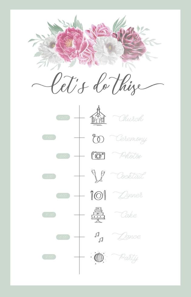 bruiloft tijdlijn menu op trouwdag met aquarel bloem. abstracte bloemsierkunst vector achtergrondontwerp voor bruiloft en vip voorbladsjabloon.