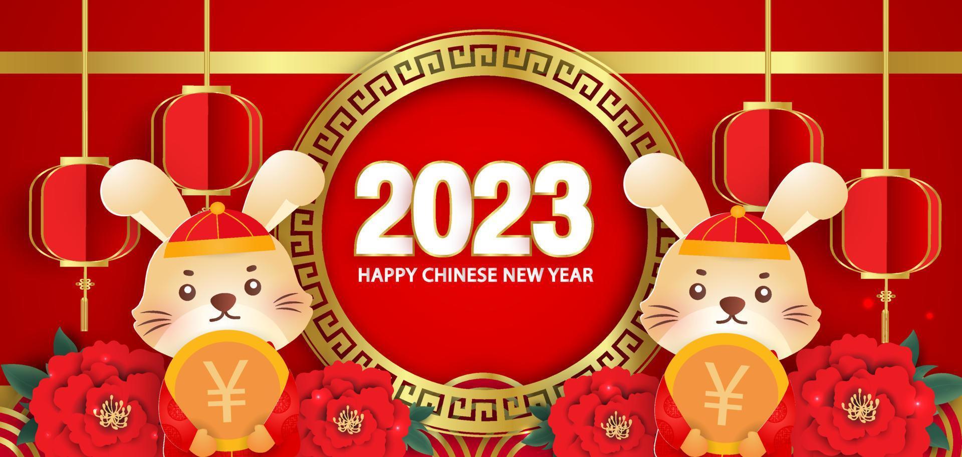 chinees nieuwjaar 2023 jaar van de konijnenbanner in papierstijl. vector