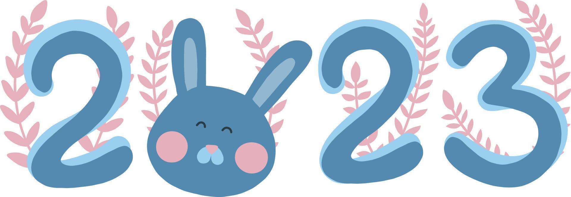 2023 jaar haas. grote blauwe cijfers met konijntje en roze bladeren. Chinees Nieuwjaar symbool, feestelijke wenskaart. vectorillustratie geïsoleerd op een witte achtergrond vector