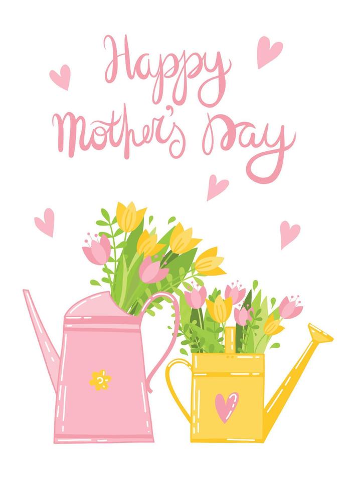 vectorkaart in delicate roze en gele kleuren - de inscriptie gelukkige moederdag, een mooie gieter met tulpen en groene bladeren en twijgen, harten. briefkaart, poster, banner print kit vector