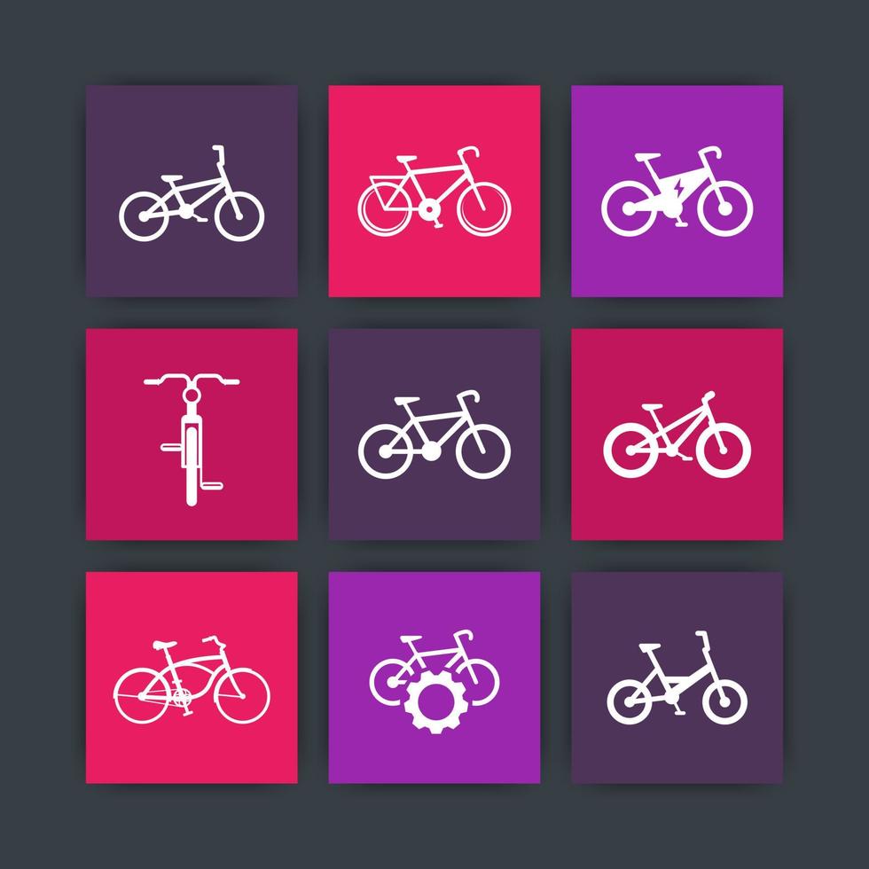 fiets, fietsen, fiets, elektrische fiets, fat-bike materiaalontwerp iconen set, vectorillustratie vector