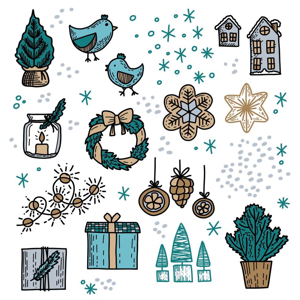 vector doodle grote reeks kerst- en nieuwjaarselementen in blauwe kleur - krans, vogels, kaars, slinger, dozen met cadeautjes, huizen, sneeuw en peperkoek