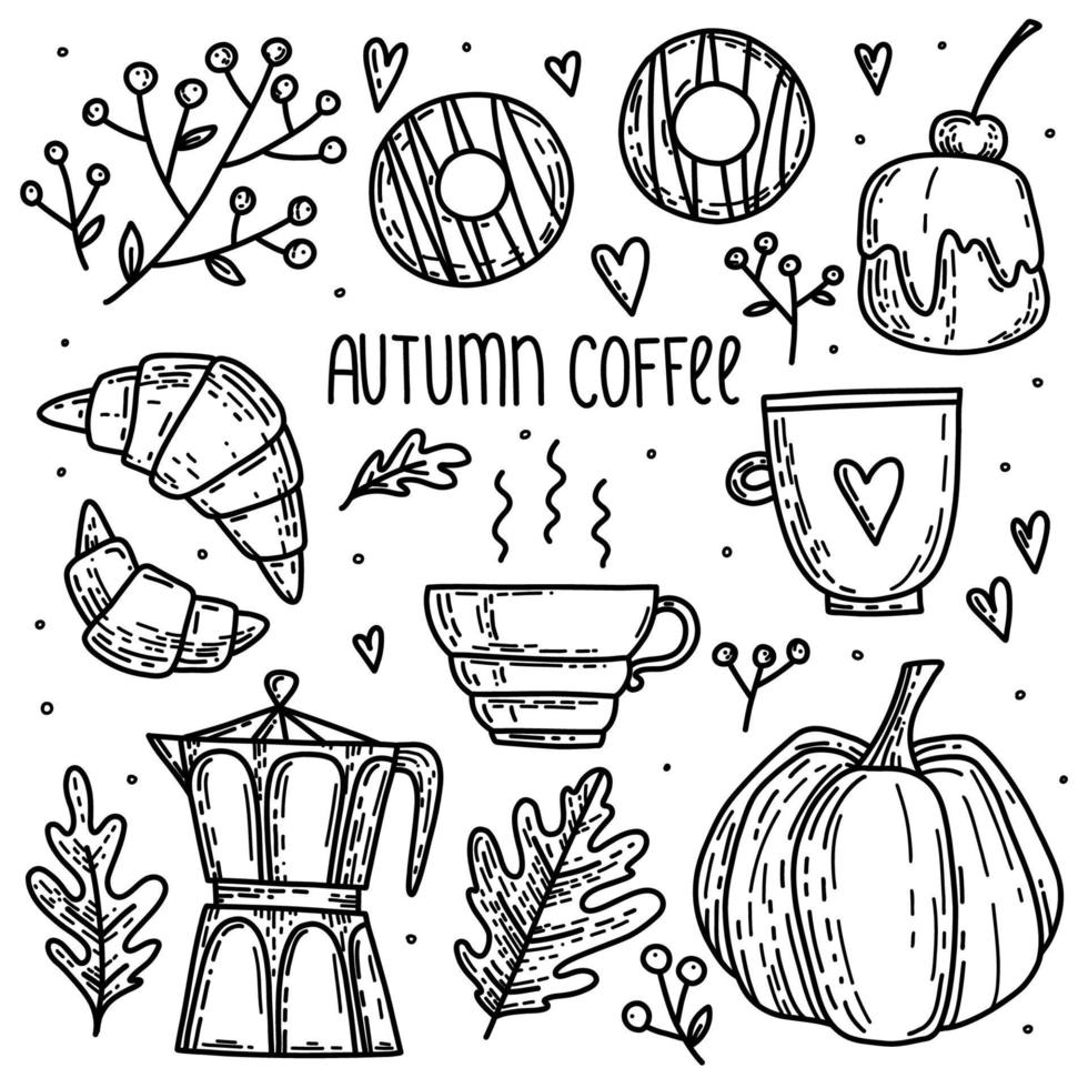 vector gezellige herfstset met schattige herfstpompoen, slagroomtaarten, warme chocolademelk, koffiepot, donuts, croissants, eikenbladeren, lijsterbessen en harten. handgetekende doodles