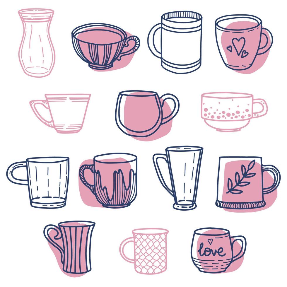 verzameling van verschillende doodle kopjes versierd met ontwerpelementen. vector set gekleurde mokken, drankjes vullen in roze en blauwe kleuren isolatie op witte achtergrond.
