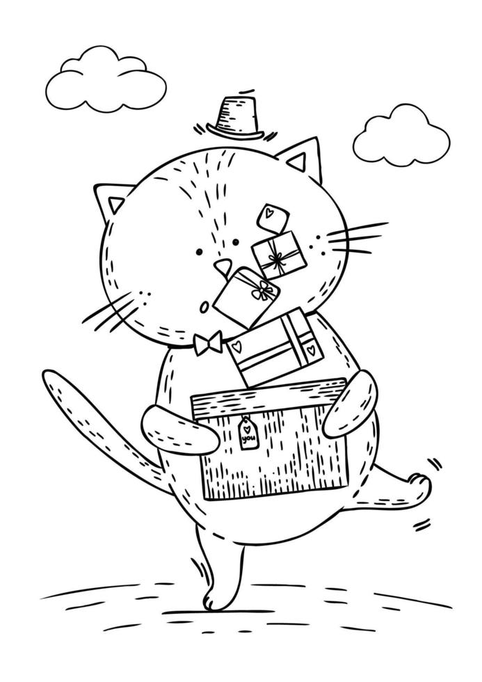 kleurplaat paginaoverzicht van cartoon lachende schattige kat met kerstcadeau. kleurrijke vectorillustratie, winters kleurboek voor kinderen. vector