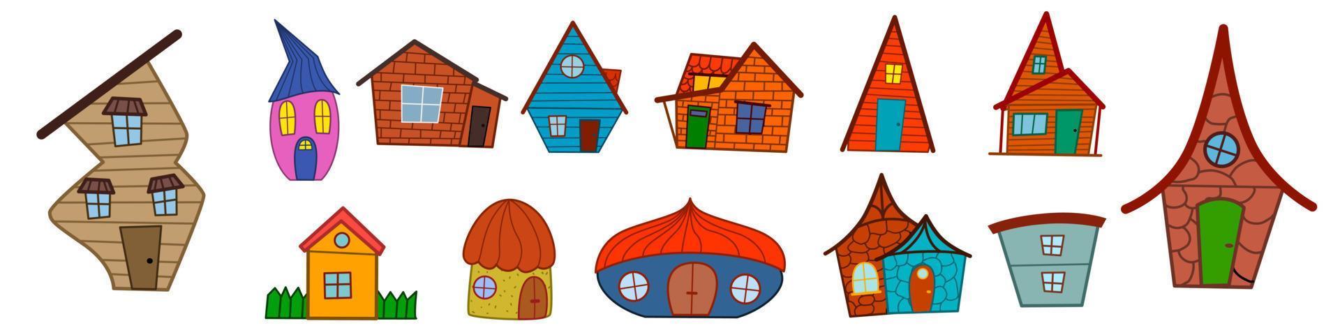 een set gekleurde huizen in de stijl van een doodle op een witte achtergrond. vector