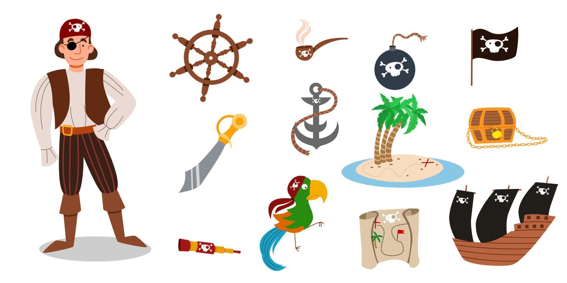 een set piratenitems. een piratenfiguur in een pak, in een bandana en met een ooglapje. vector