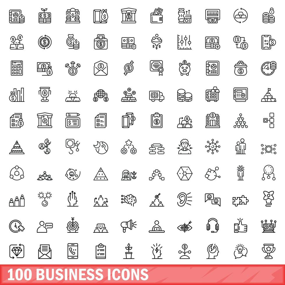 100 zakelijke iconen set, Kaderstijl vector