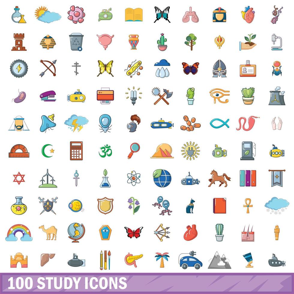 100 studie iconen set, cartoon stijl vector
