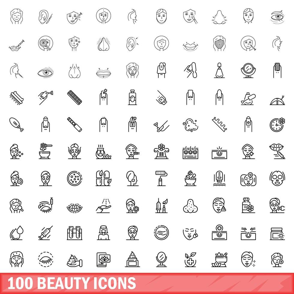 100 schoonheid iconen set, Kaderstijl vector