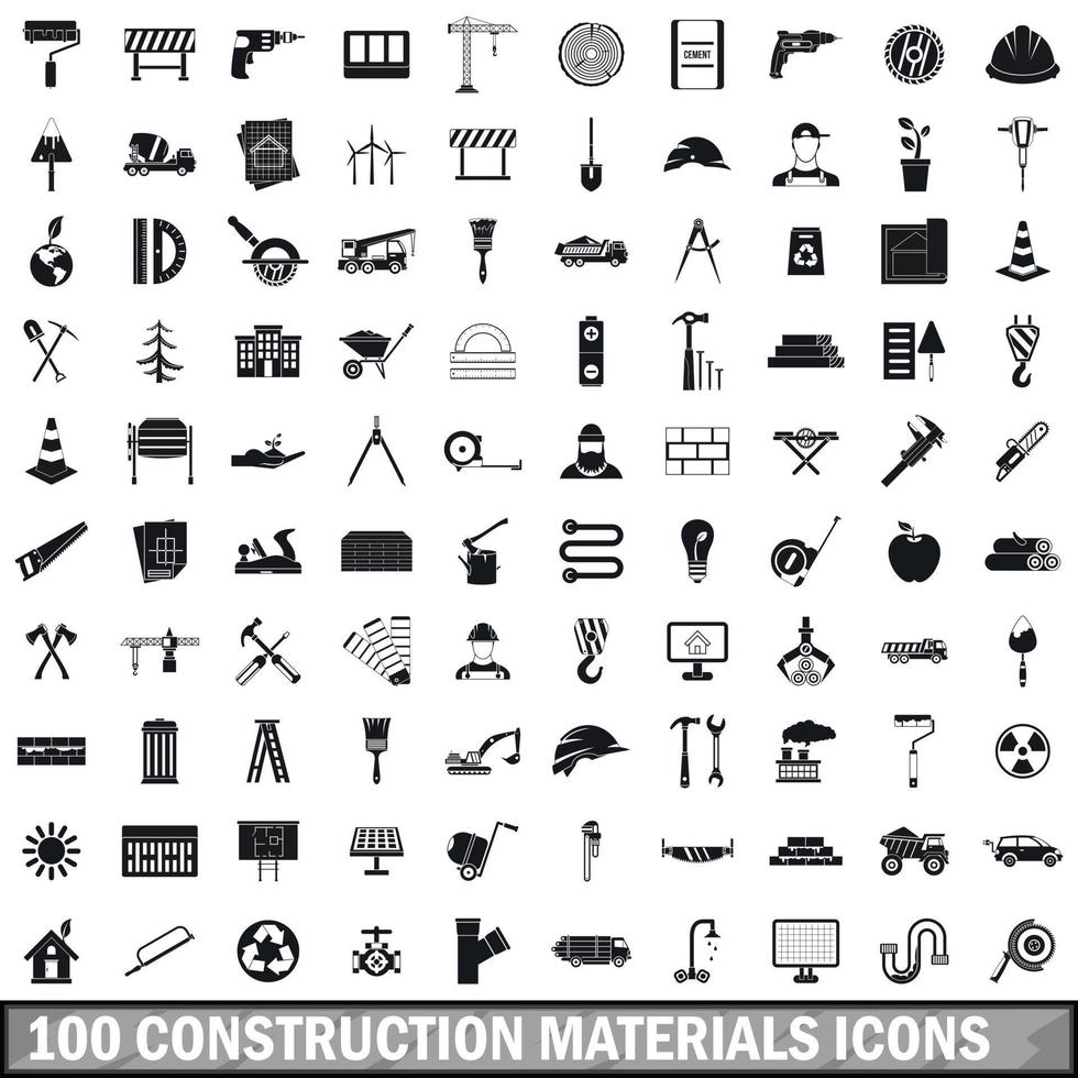 100 bouwmaterialen iconen set, eenvoudige stijl vector