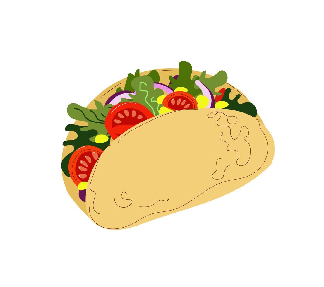 Taco groenten, traditioneel Mexicaans eten, doodle schets stijl vectorillustratie op witte achtergrond vector