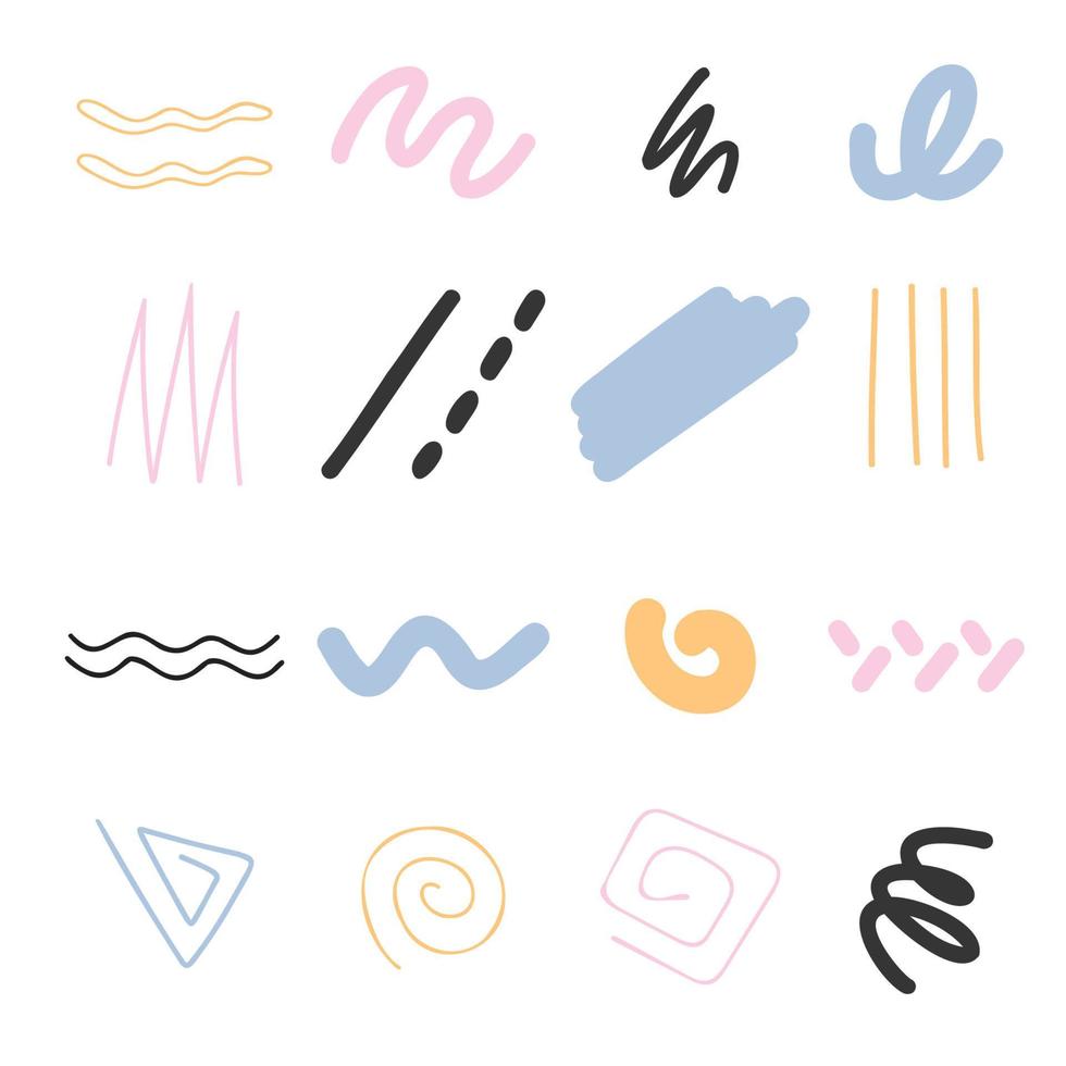 hand getekende abstracte doodle kleur krabbels set, lijnen, golven, spiralen van verschillende vormen. eenvoudige collectie van memphis-elementen voor patroon vectorillustratie vector