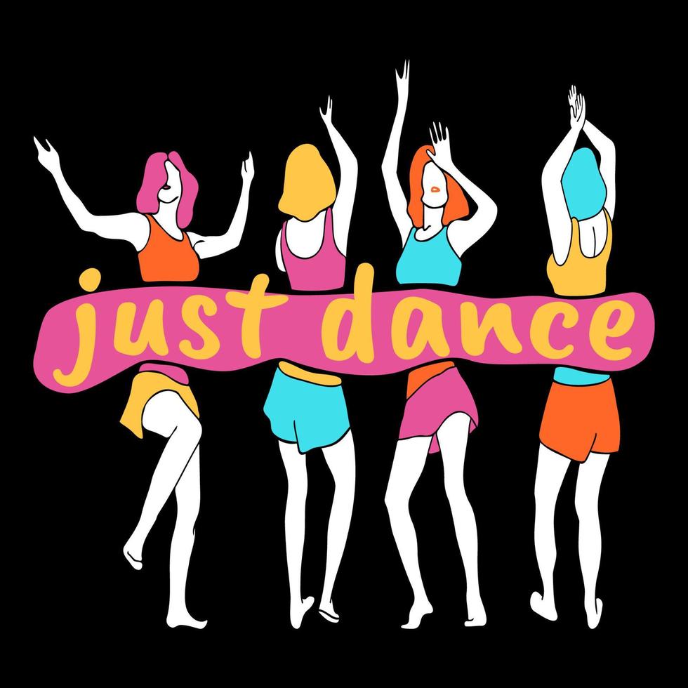 just dance poster met script en abstracte dansende vrouw. bewegend lichaam, moderne dans. vector illustratie