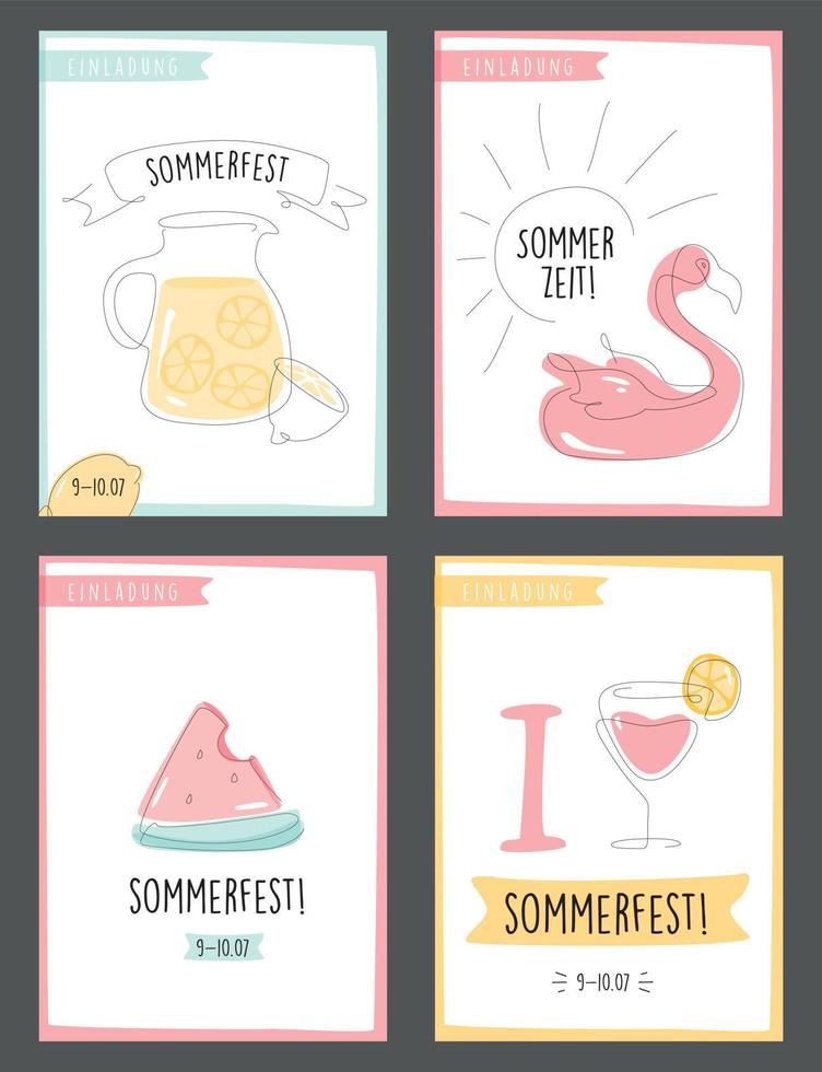 ansichtkaart voor duits zomerfeest. sommerfest einladung. set van kaart naar strandfeest vector