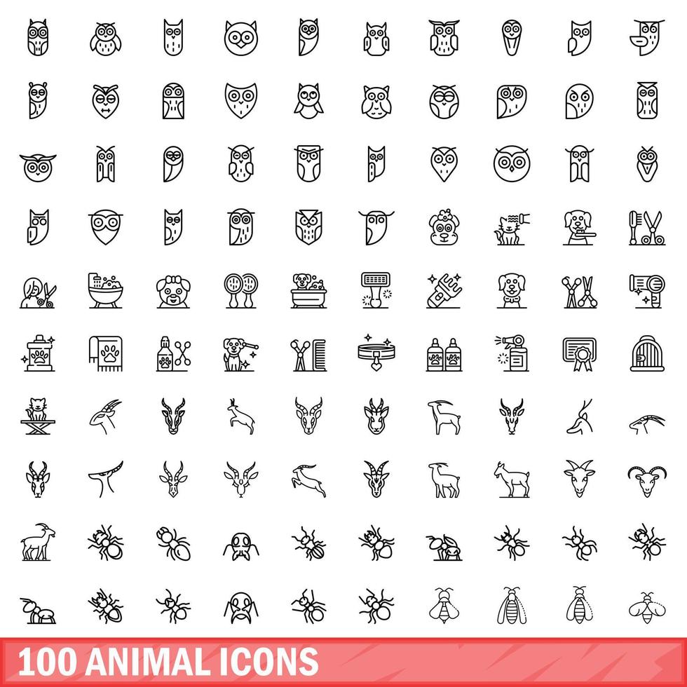 100 dieren iconen set, Kaderstijl vector