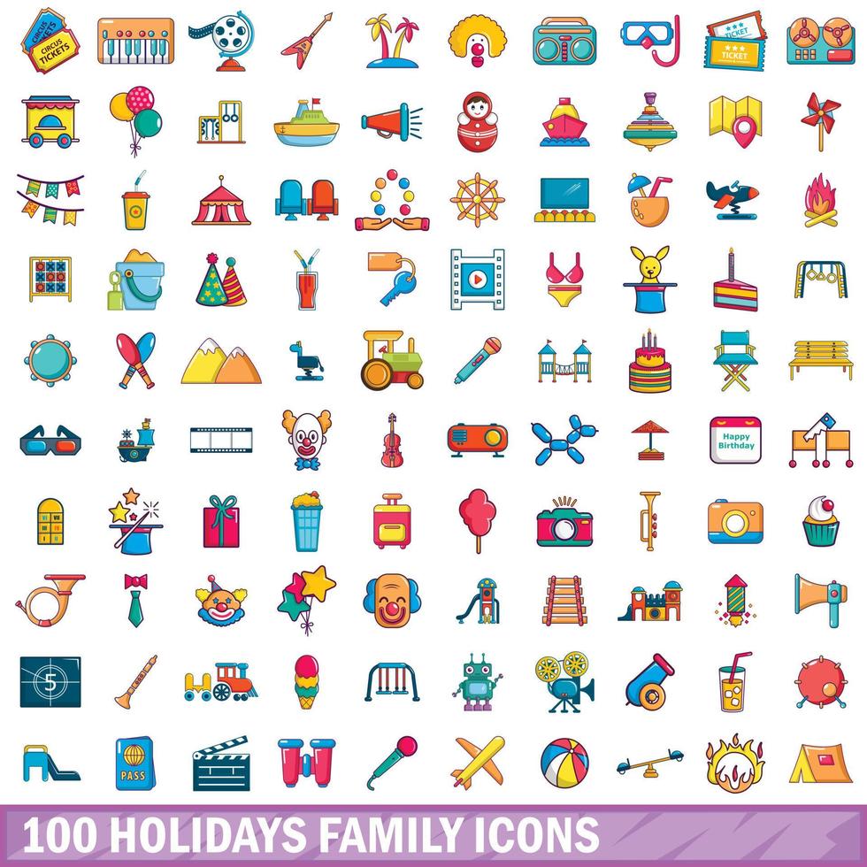 100 vakantie familie iconen set, cartoon stijl vector