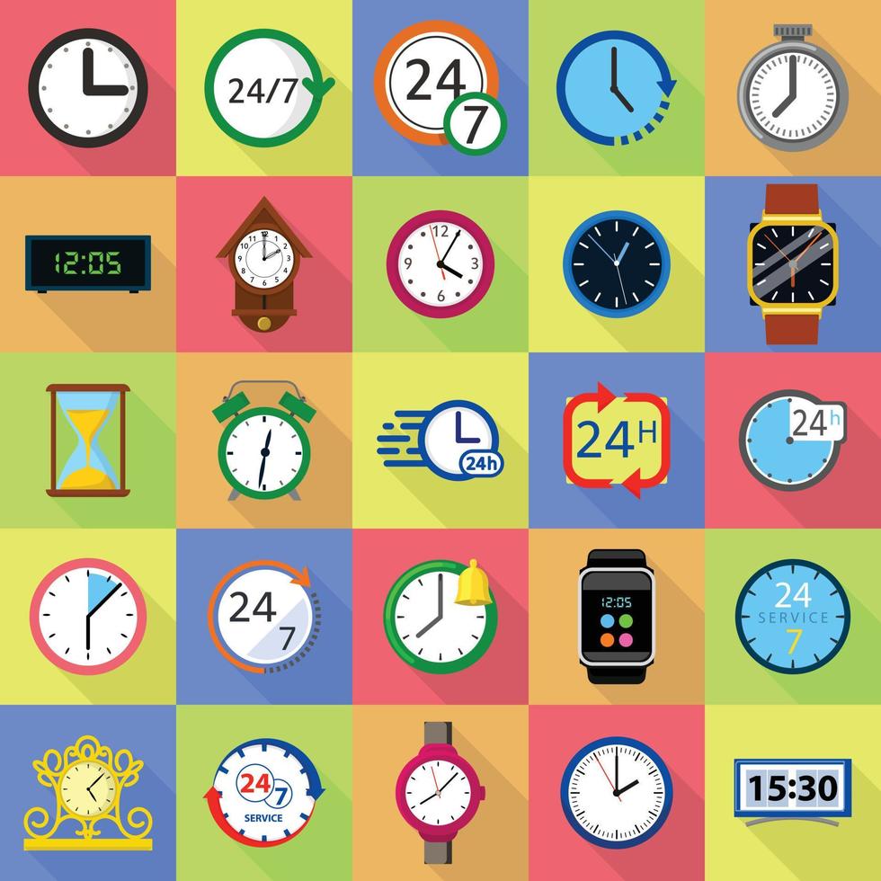 tijd en klok iconen set, vlakke stijl vector