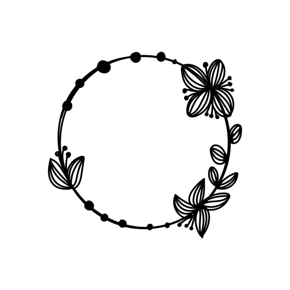 frame met een bloem cirkel, handgetekende doodle. elegant cirkelvormig frame met een krans. bloemen en bladeren. frame met bloemenelementen, ontwerpelement voor bruiloft, wenskaart. vector illustratie