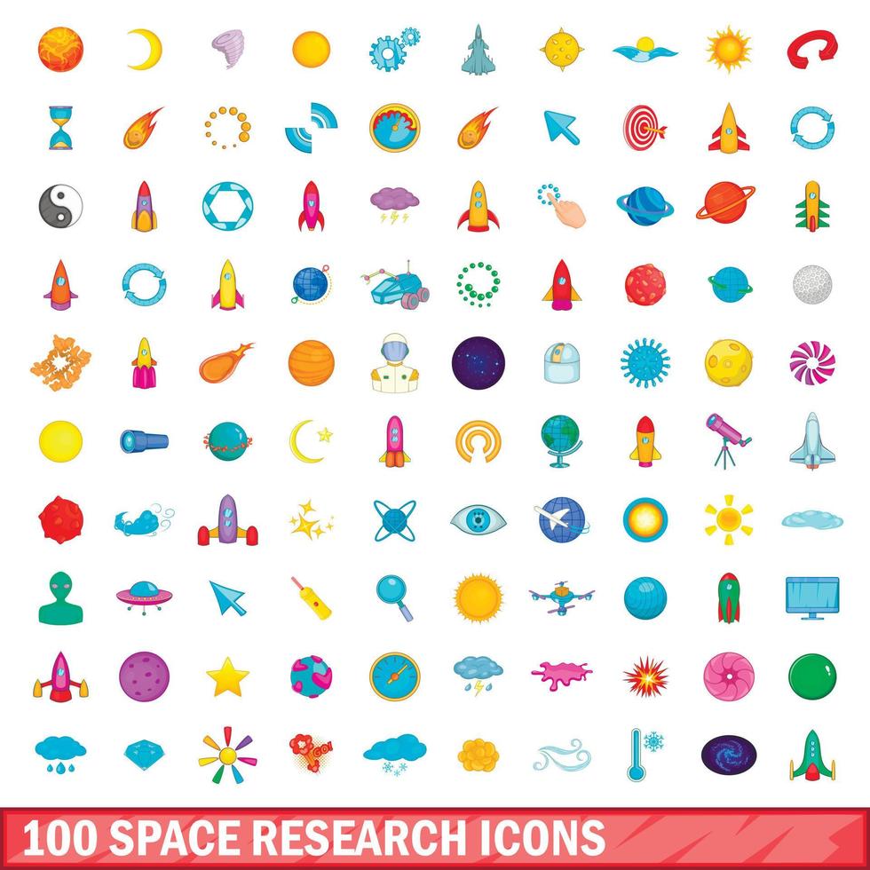 100 ruimteonderzoek iconen set, cartoon stijl vector