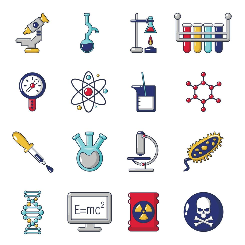 scheikunde laboratorium iconen set, cartoon stijl vector