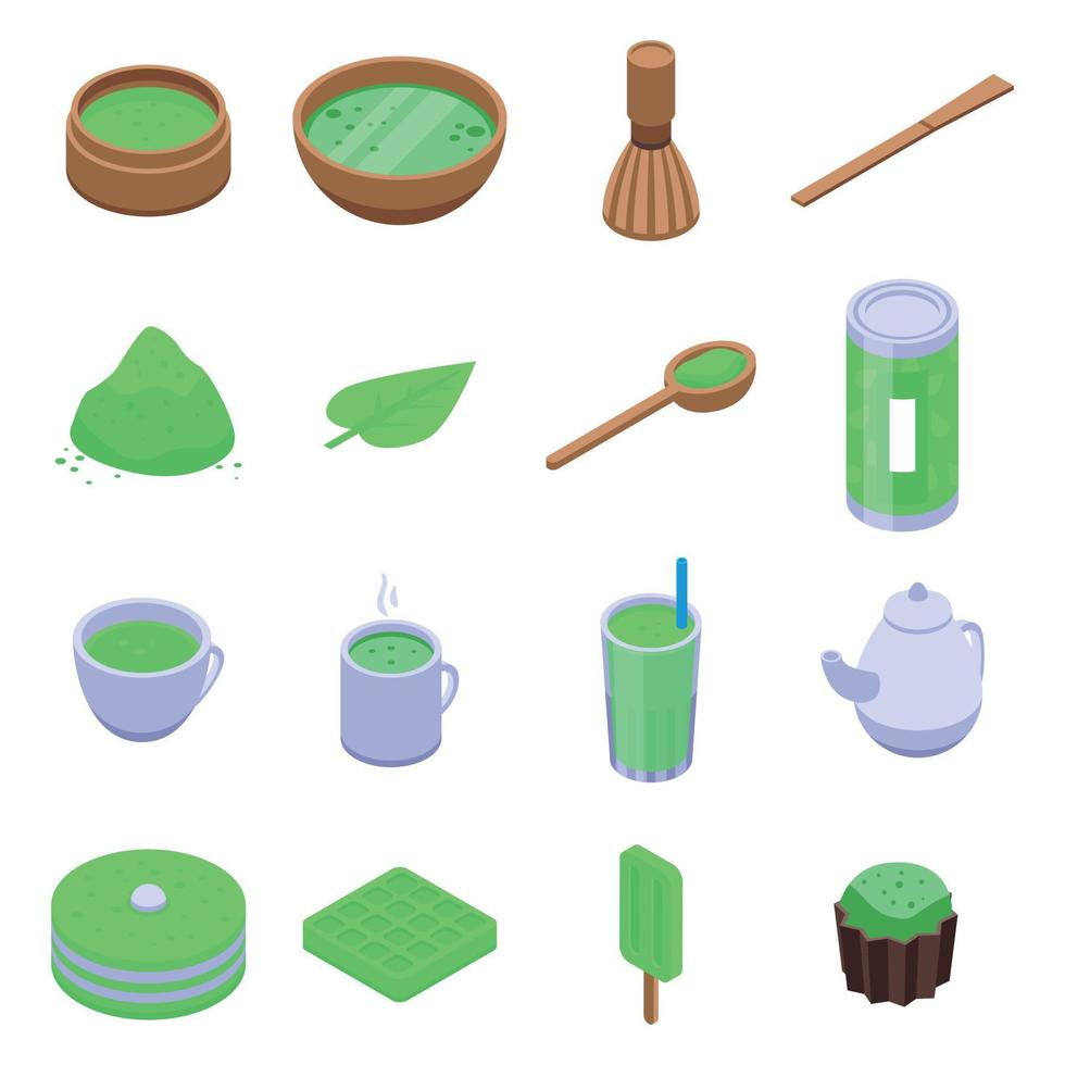 matcha thee iconen set, isometrische stijl vector