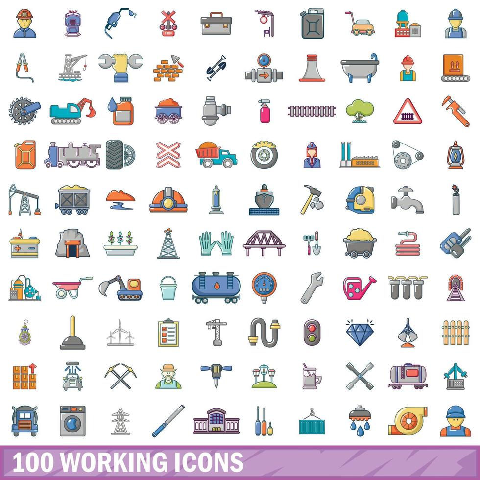 100 werkende iconen set, cartoon stijl vector