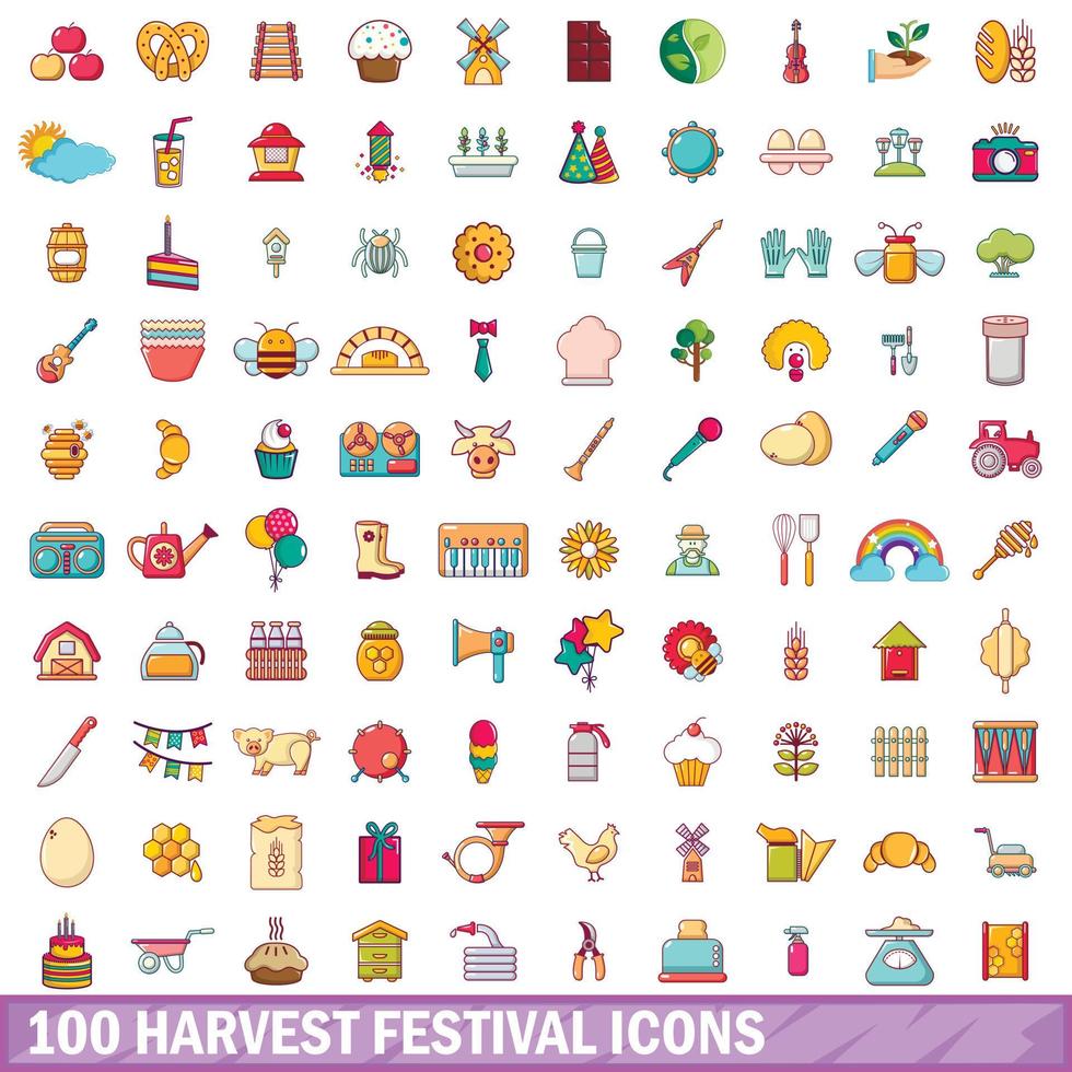 100 oogstfeest iconen set, cartoon stijl vector