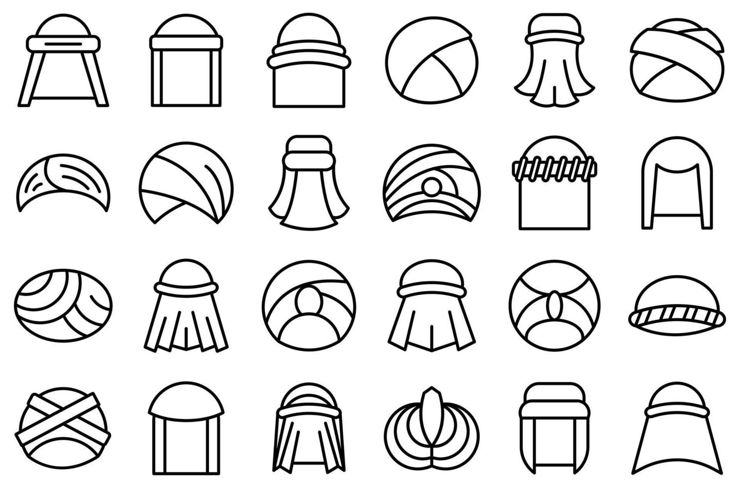 Arabische tulband pictogrammen instellen overzicht vector. accessoires voor arabische mutsen vector