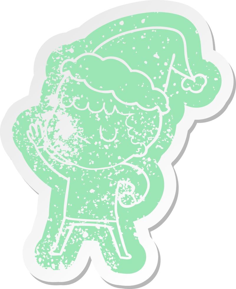 cartoon verontruste sticker van een knorrige jongen met een kerstmuts vector