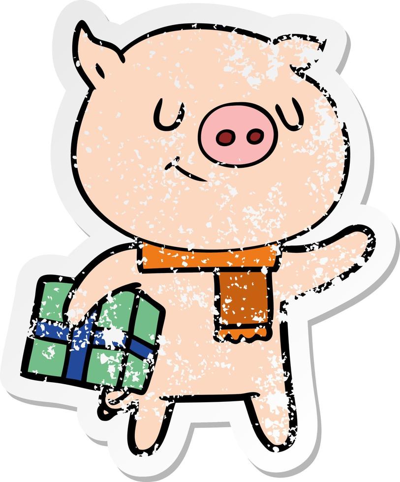 verontruste sticker van een happy cartoon varken met kerstcadeau vector