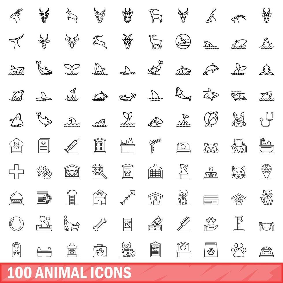 100 dieren iconen set, Kaderstijl vector