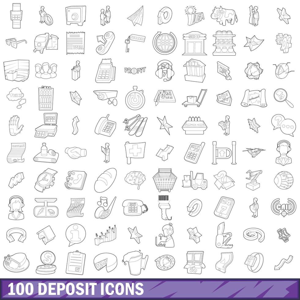 100 aanbetaling iconen set, Kaderstijl vector