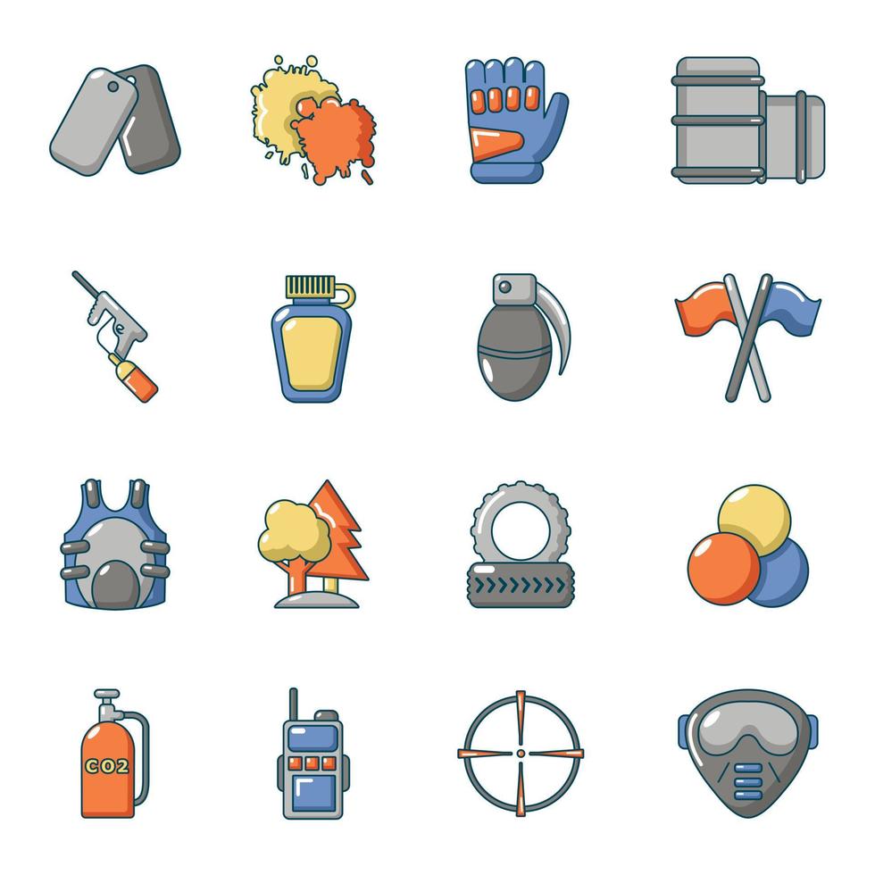 paintball iconen set, cartoon stijl vector