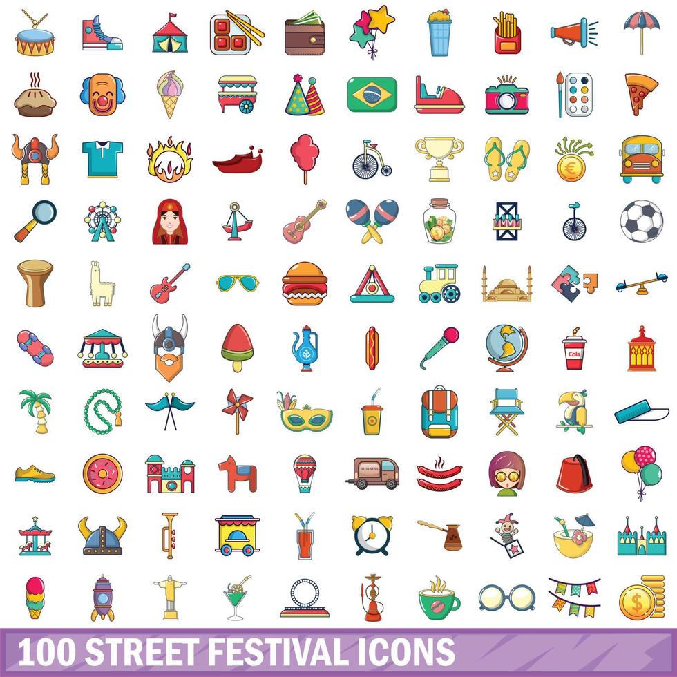 100 straat festival iconen set, cartoon stijl vector