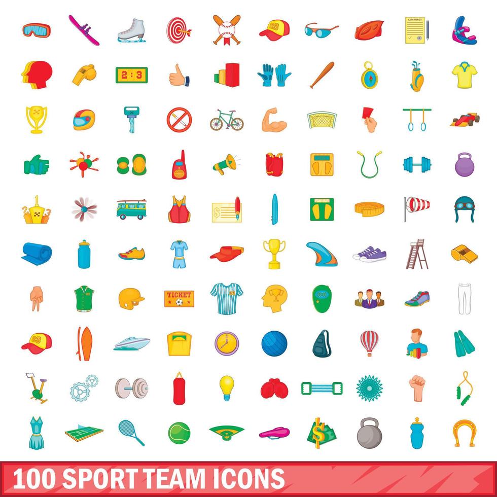 100 sport team iconen set, cartoon stijl vector