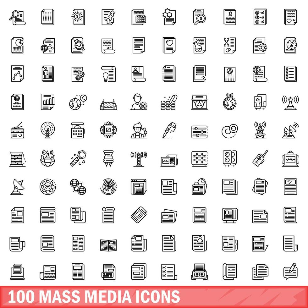 100 massamedia iconen set, Kaderstijl vector