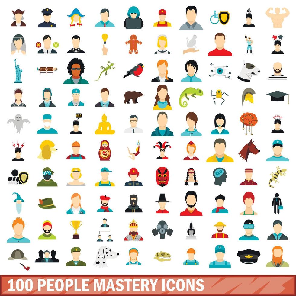 100 mensen meesterschap iconen set, vlakke stijl vector